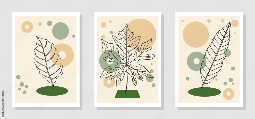 Botanical wall art vector set tropical sketch illustration with abstract shapes