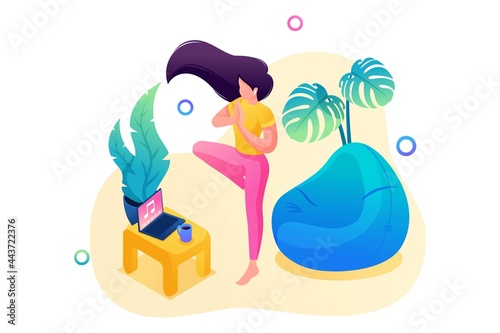 Isometric 3D. Girl Does Yoga At Home, Meditates To Music. Concept For Web Design
