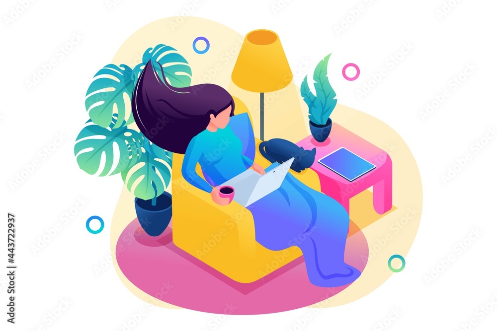 Obraz premium Isometric 3D. Girl Working From Home, Freelance. Concept For Web Design