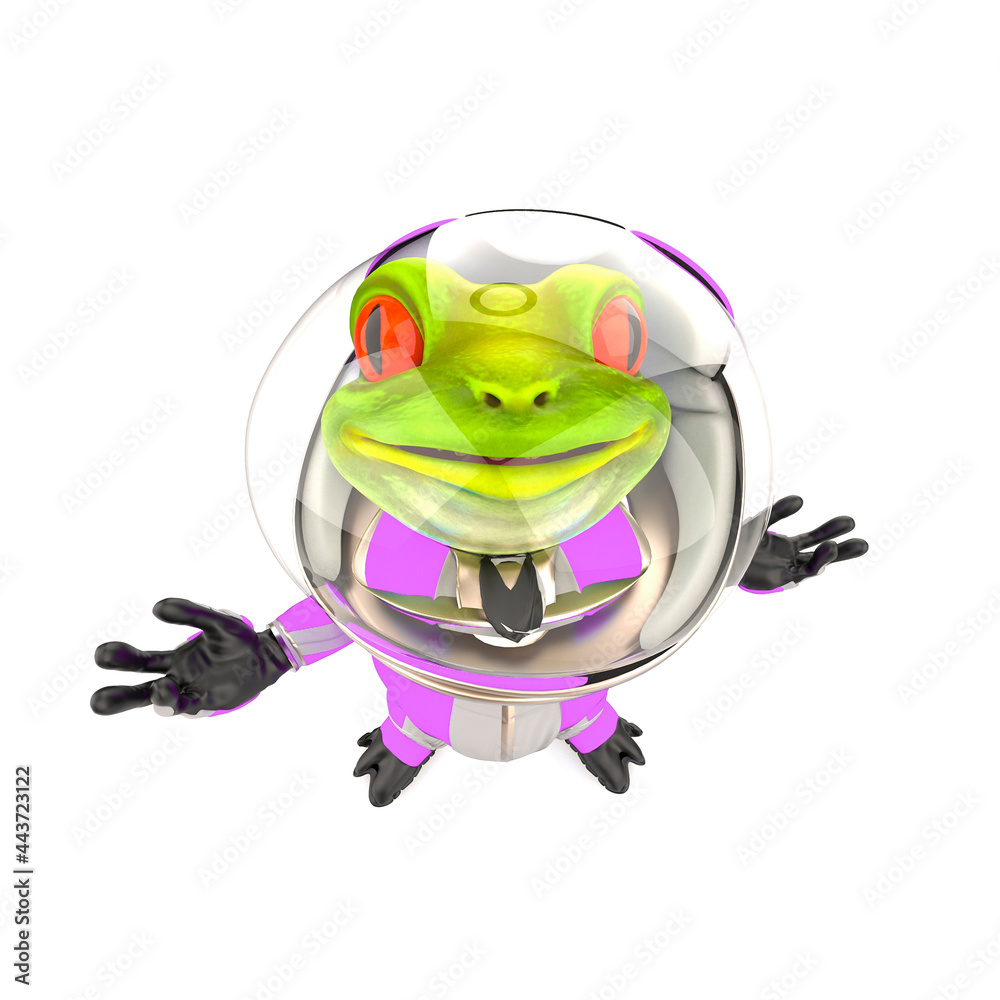 Obraz premium frog astronaut is looking up with arms wide open in white background top view