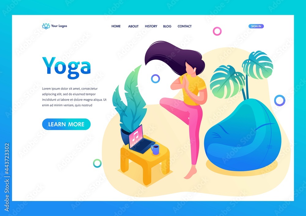 Fototapeta premium Isometric 3D. Girl Does Yoga At Home, Meditates To Music. Concept Of Landing Page