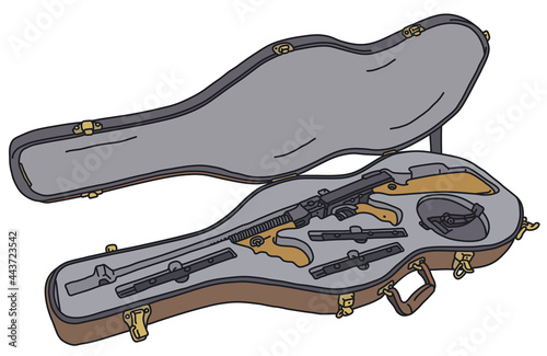The vectorized hand drawing of a tommy hidden in a false guitar case photo