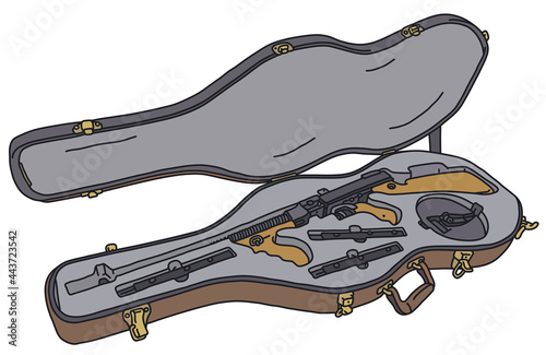 The vectorized hand drawing of a tommy hidden in a false guitar case