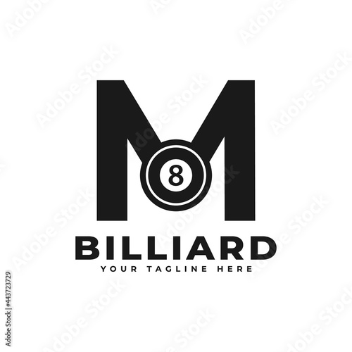 Letter M with Billiards Logo Design. Vector Design Template Elements for Sport Team or Corporate Identity.