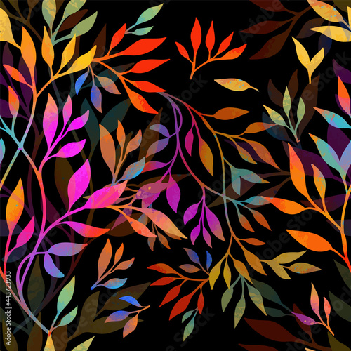 Rainbow leaves seamless background. Mixed media. Vector illustration