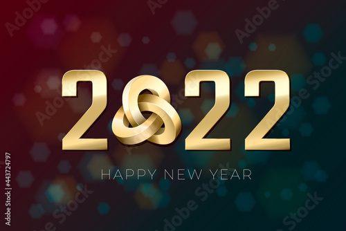 2022 Glossy Gold Numerals Logo with Triple Mobius Loop Impossible Figure and Happy New Year Lettering - Golden on Luminous Hexagons Background - Gradient Graphic Design