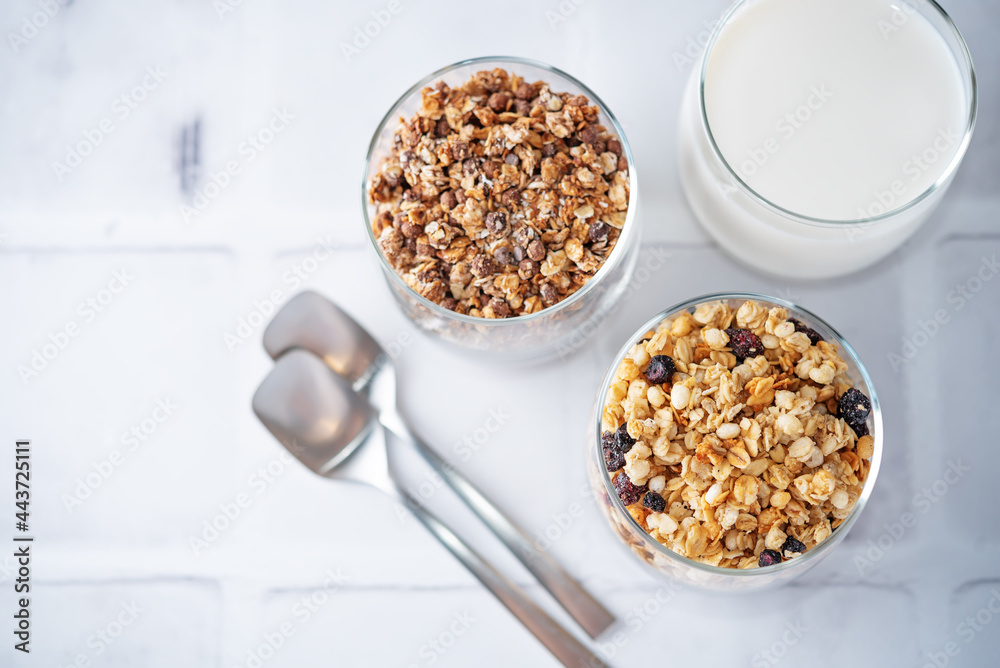 Chocolate and oats granola with chocolate drops, nuts and dried fruits Chocolate and oats granola with chocolate drops, nuts and dried fruits
