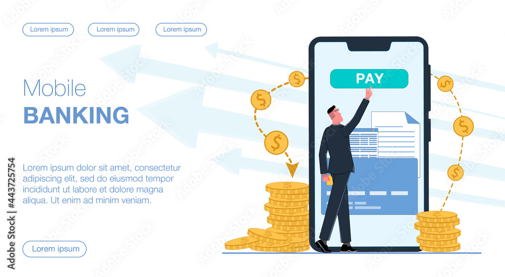 a man businessman uses a mobile bank on a smartphone conducts an operation payment transaction from the application money is flying currency coins gold vector flat illustration