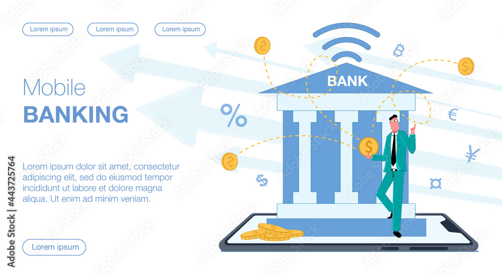 a bank is standing on a smartphone man comes out of it he uses a mobile application on his phone there is money around gold flies currency of coins conducts a transaction payment vector flat illustrat