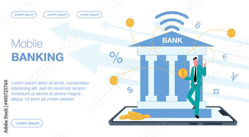a bank is standing on a smartphone man comes out of it he uses a mobile application on his phone there is money around gold flies currency of coins conducts a transaction payment vector flat illustrat