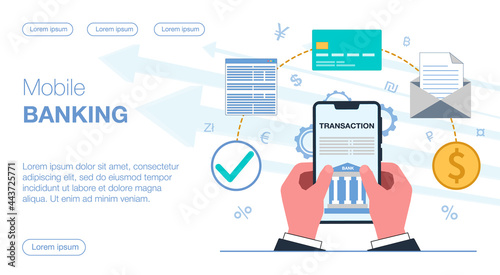 hands in a business suit hold a smartphone with a mobile bank application transactions and payments are carried out around coins money documents letters card currency vector flat illustration