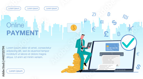 a man businessman sits on coins gold money with a computer near a laptop from which a check is printed about the online  payment of a transaction with a credit card around currency icons vector flat i