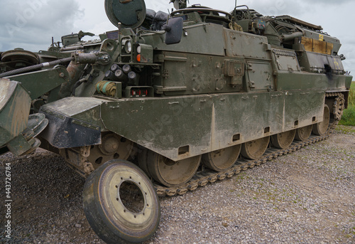 close up of the left track with a repair wheel on a British Army Challenger Armored Repair and Recovery Vehicle (CRARRV) on a military training exercise, salisbury plain wiltshire