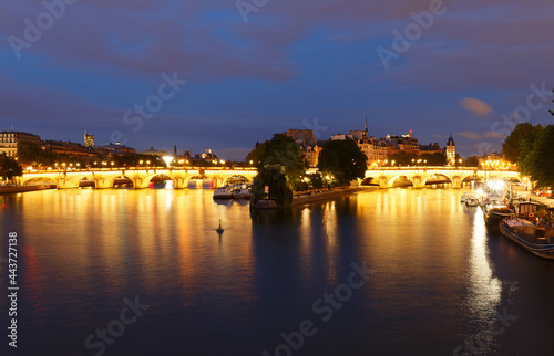 CItyscape of downtown with Pont Neuf Bridge and River Seine at night , Paris . © kovalenkovpetr