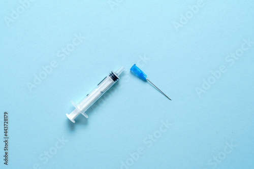 Top view of vaccine refuse concept. Brocken vaccine injection tool. Ativax movement. Side effects fear. Anti immunisation campaing