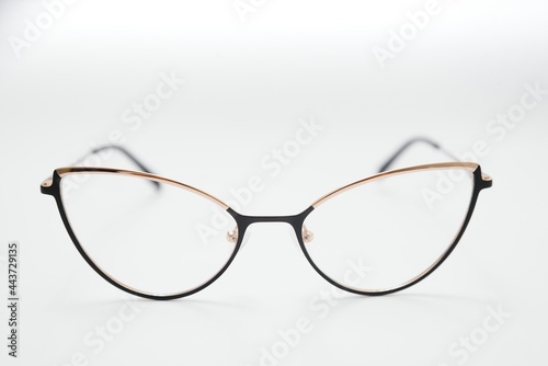 Female eyeglasses macro detail over a white background. Horizontal