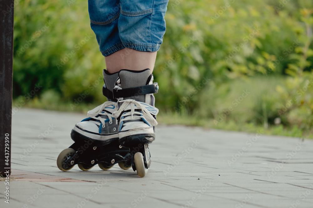 Little boy in protective equipment and rollers stands on walkway in park, low angle view Little boy in protective equipment and rollers stands on walkway in park, low angle view