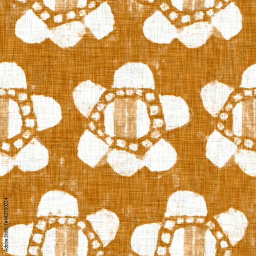 Hand drawn flower motif linen texture. Whimsical garden seamless pattern. Modern spring doodle floral nature textile for home decor. Botanical scandi style rustic orange all over print.