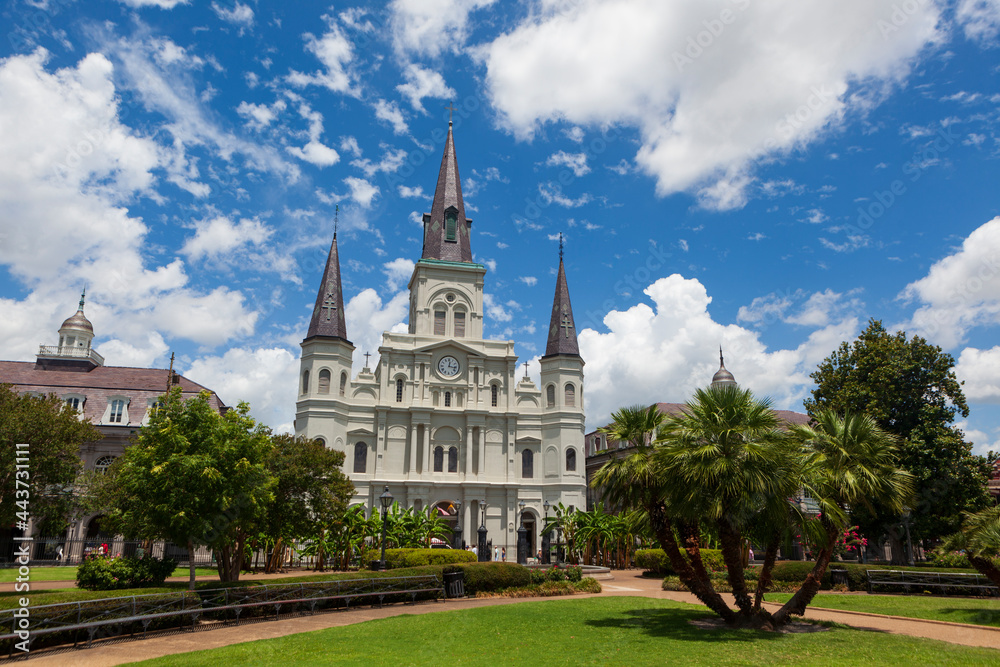 St. Louis Cathedral, as seen from Jackson Square, New Orleans, Louisiana, USA.