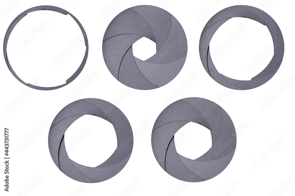 Aperture blades used in a camera lens. Different value of the aperture opening in the optical system. Aperture blades used in a camera lens. Different value of the aperture opening in the optical system.
