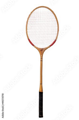 Wooden racket for playing badminton. Team game accessories.