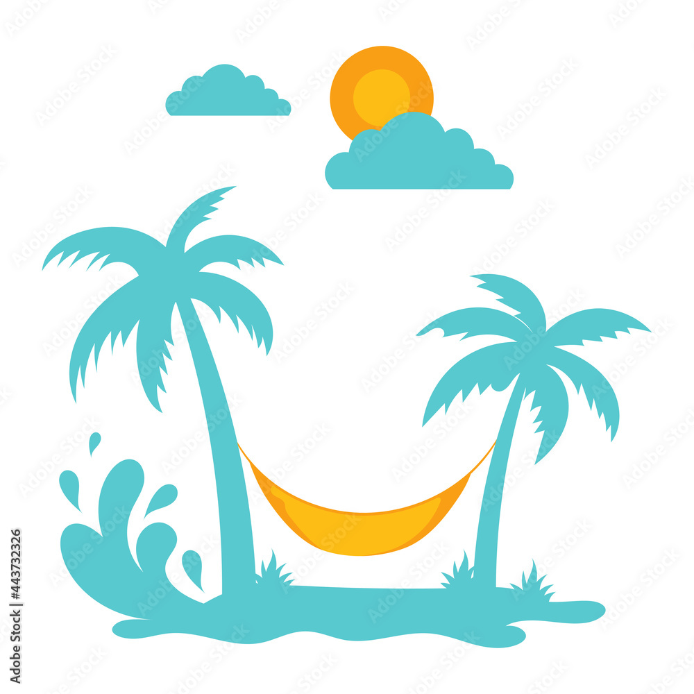 Summer Beach Coconut Tree with sun and cloud  vector illustration, simple and cute flat design