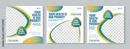Set of three medical social media pack template premium vector