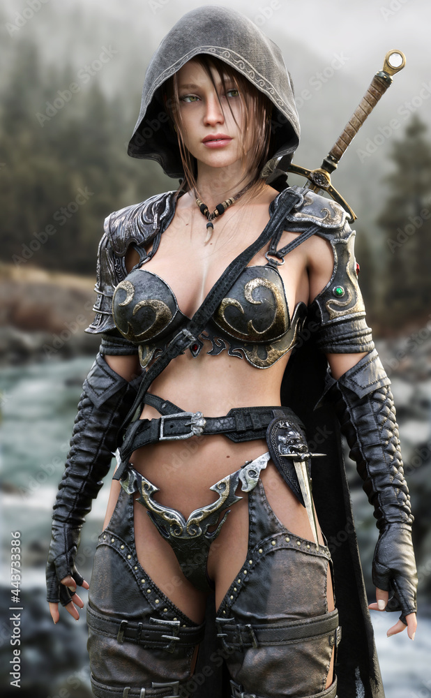 Obraz premium Portrait of a fantasy female Ranger pathfinder patrolling her home land wearing leather armor , hooded cloak and equipped with a sword. 3d rendering