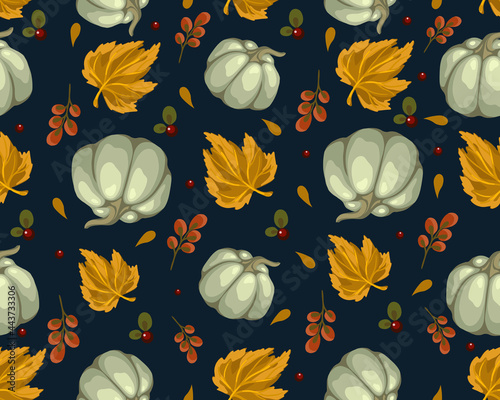 seamless pattern with pumpkins, berries, leaves, bright autumn background with vegetables, vector graphics