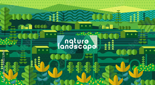 Nature and landscape. Vector art abstract illustration of village, trees, forest, bushes,  flowers, houses for poster, background or cover. Agriculture and garden