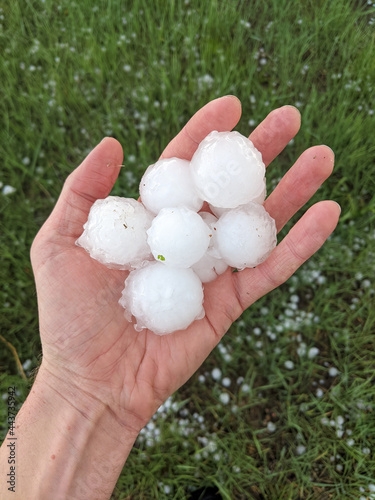 A person’s hand holding many large hailstones ranging from half dollar to golf ball sized after a severe storm has passed. Hailstones can be seen scattered in the grass in the background.