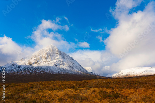 Scottish Highlands, Glencoe, Scotland Mountains with snow, fog, mist, Winter UK, 3 Sisters