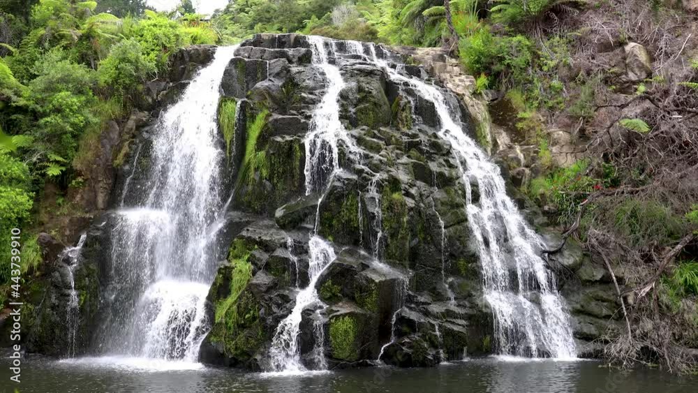 Wide shot of Owharoa Falls waterfall near Karangahake Gorge in the Coromandel Peninsula of the North island of New Zealand Wide shot of Owharoa Falls waterfall near Karangahake Gorge in the Coromandel Peninsula of the North island of New Zealand