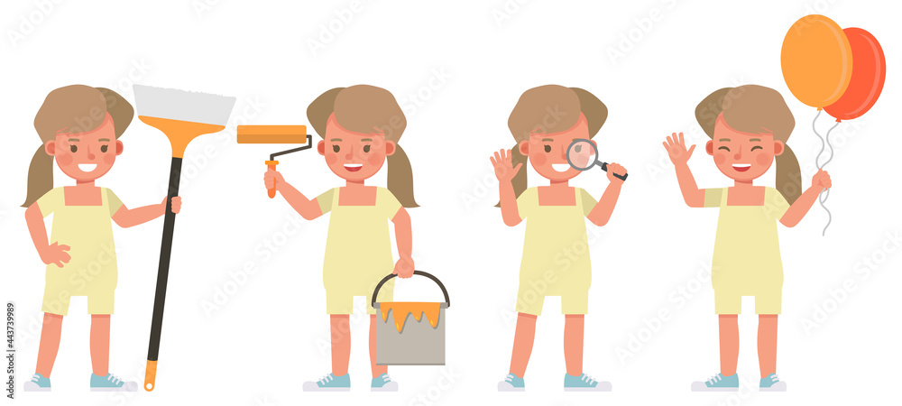 Set of children character vector design. Girl wear yellow shirt and doing activity. Presentation in various action with emotions.