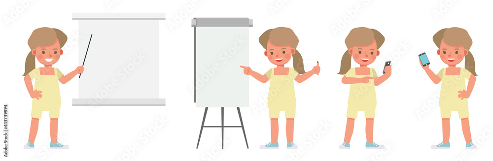 Set of children character vector design. Girl wear yellow shirt and playing mobile phone. Presentation in various action with emotions. Set of children character vector design. Girl wear yellow shirt and playing mobile phone. Presentation in various action with emotions.