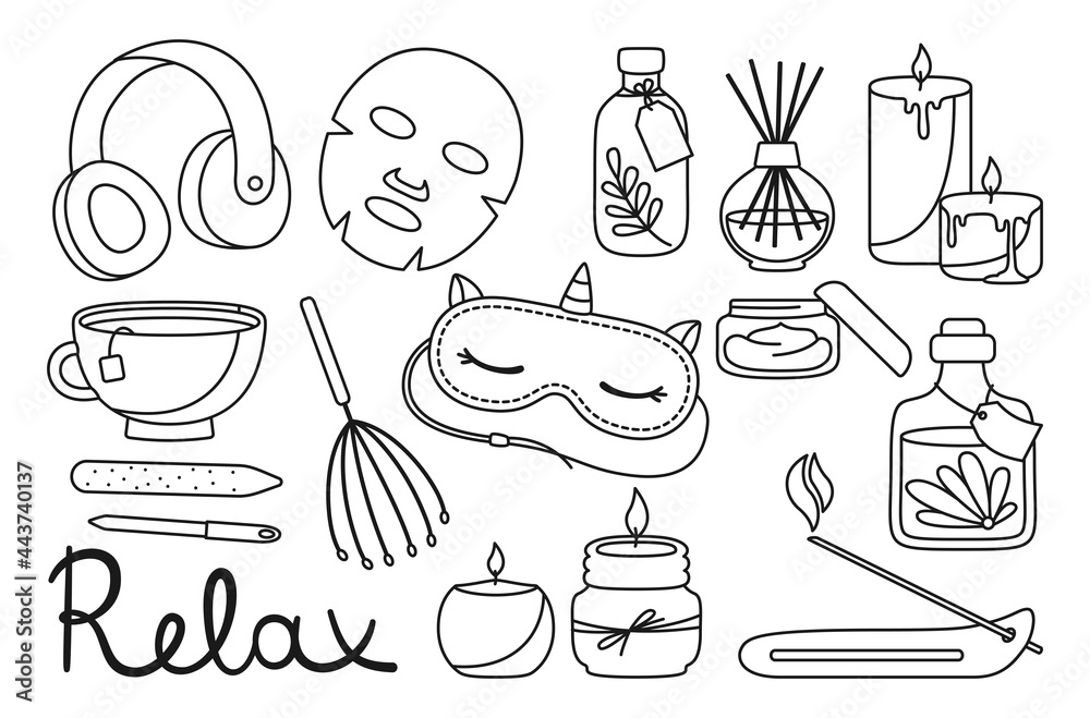 Spa relaxation salon doodle set. Aromatherapy spa aromatic candle, sleep mask and tea cup. Headphones, nail file and massage. Body care and me time concept. Stickers female skin health cute vector