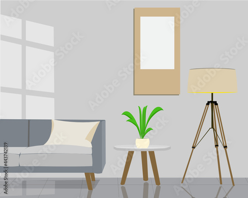 Living room interior design with sofa, lamp, carpet, and getting sunlight from the window. Vector illustration design