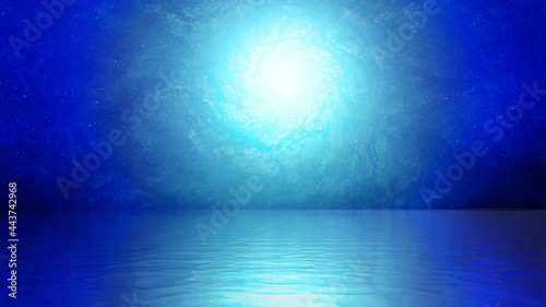 hand painted fantasy portal glowing in white over dark blue sky reflecting over calm sea ocean water surface