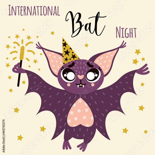 Vector illustration of International Bats Night. A friendly bat in a festive cap holds a sparkler. Cute nocturnal predator. Kind vampire on a white background. Print with an inscription. Flat style.