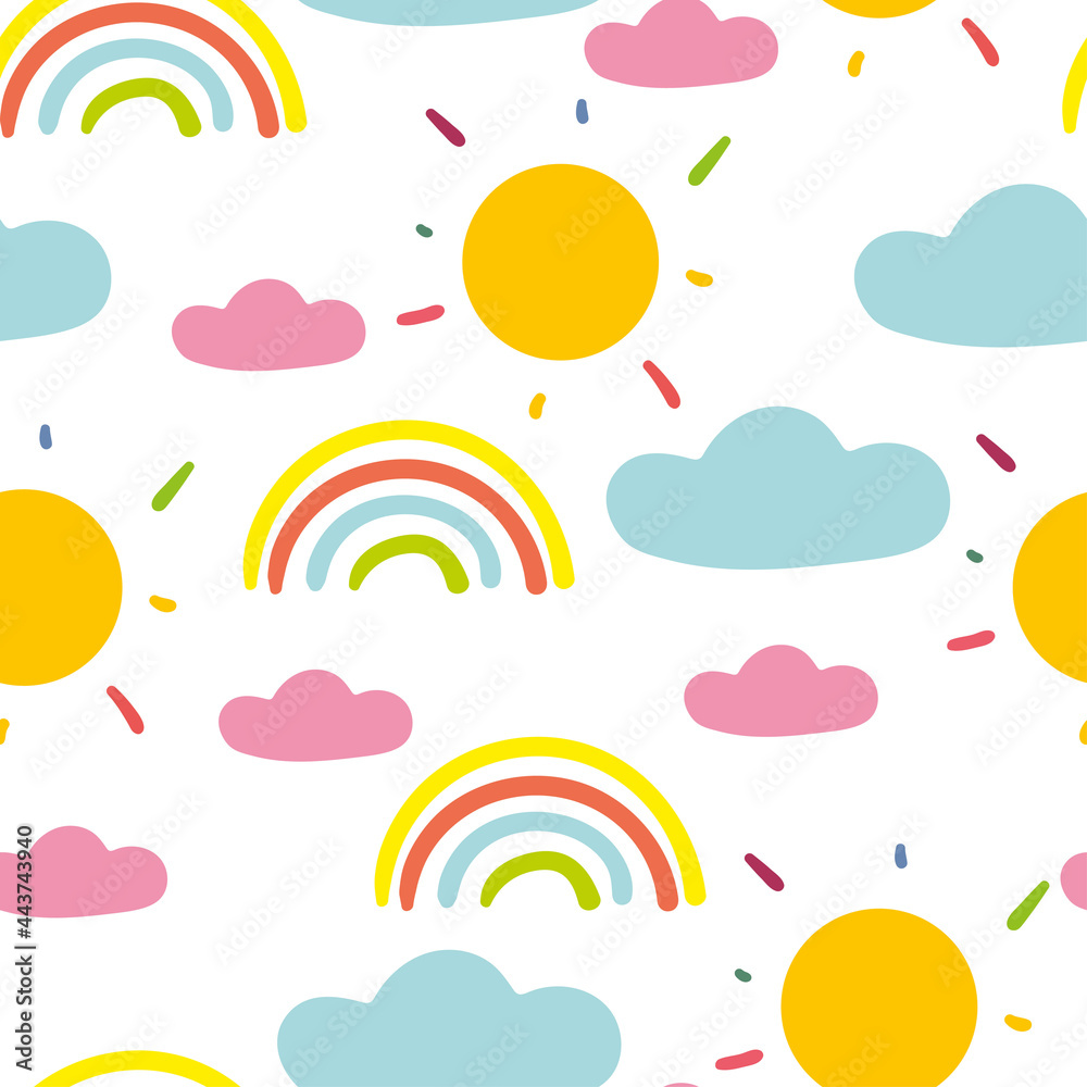Fototapeta: Seamless pattern with cute cartoon rainbow, sun and clouds for  fabric print, textile, gift... #443743940 '