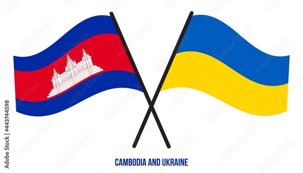 Cambodia and Ukraine Flags Crossed And Waving Flat Style. Official Proportion. Correct Colors.