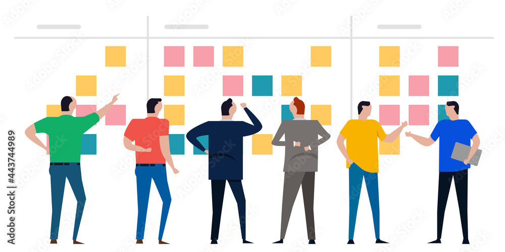 kanban board agile scrum wall of sticky notes team working together discuss from back colorfull kanban board agile scrum wall of sticky notes team working together discuss from back colorfull