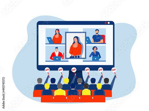 Artist offer profile art for bid on laptop. NFT digital art concept vector illustration