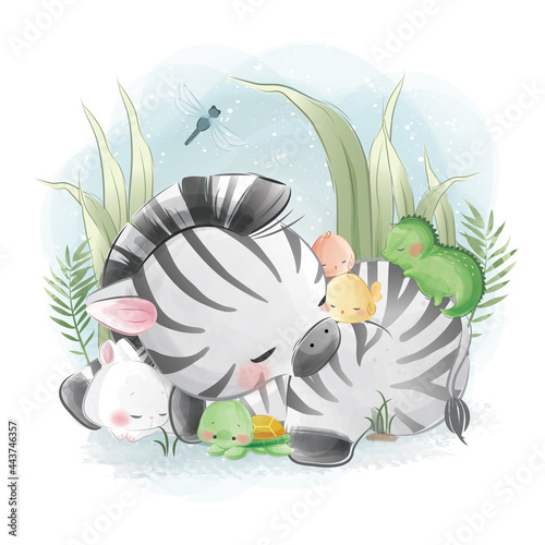 Little Zebra Sleeping with His Friends