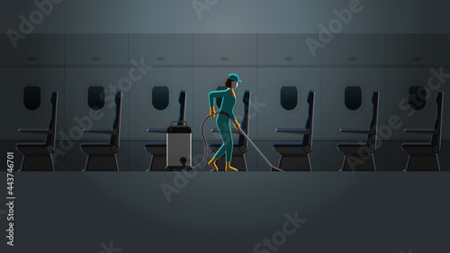 A woman cleaning maid service working in plane cabin. Alone in dark and small light. Lifestyle of work hard overtime and overwork for re-opening airline business. Airplane interior with empty seat.