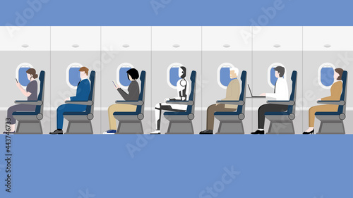 A cyborg will be a part of people's daily life in the future. A robot sitting in a plane cabin with human passengers. Transport, travel, togetherness, and technology concept inside the airplane cabin.