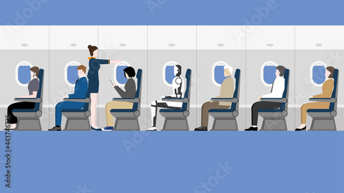 Cyborgs will be a part of people's daily life in the future. A robot sitting in a plane cabin with human passengers and cabin crew air hostess. Transport and travel concept of airplane cabin inside.