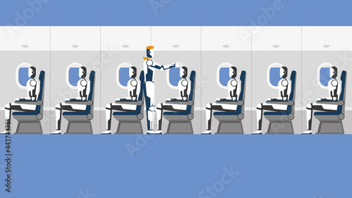 Cyborgs are replacing and turnover humans in the future. A robot is a cabin crew air hostess with robot passengers. Transport, travel, and technology concept in futuristic. No people in a plane cabin.