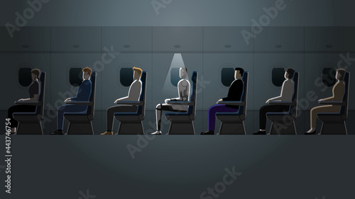 The future technology concept, cyborg will be a part of people's daily life. A robot sitting awake in a plane cabin in the dark by a small light while other passengers such as businessmen are asleep.