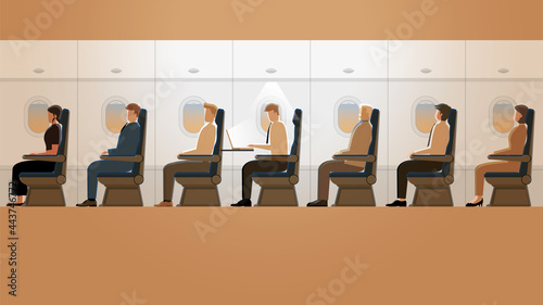 Employee salaryman working alone with laptop notebook while the other passengers are asleep in plane cabin. A business trip lifestyle of work hard overtime and overwork in the orange morning sunrise.